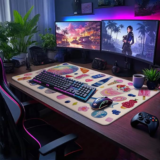 Watercolor Stickers Gaming Mouse Pad 31.5"x15.7"｜XXL Desk Mat, Non-Slip Rubber Base & Stitched Edges - Extended Waterproof Mousepad for PC/Laptop/Office/Home Decor