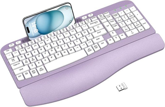 Ergonomic Wireless Keyboard with Cushioned Wrist Rest, Wave Keys, Phone Holder, Comfortable Natural Typing, 2.4GHz Full Size Cordless USB Computer Keyboard for Windows, Mac OS, Laptop, PC (Purple)