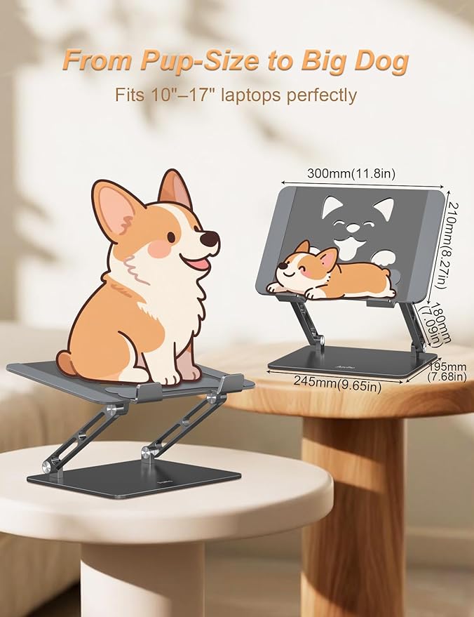 Aoviho Laptop Stand for Desk-Adjustable, Foldable, Portable, Ergonomic Aluminum Notebook Riser with Unique Puppy Cooling Vent, Desk Gift for 10-17.3" Devices Mac, Dell, HP, Lenovo, Samsung, Gray