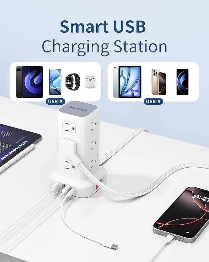 Extension Cord with Multiple Outlets, SMALLRT Flat Plug Surge Protector Power Strip Tower with USB 12 AC Outlets, 6.5FT Ultra Thin Extension Cord Outlet Extender for Home Office, Overload Protection