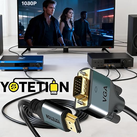 HDMI to VGA 60Ft Cable with IC, Gold-Plated HDMI to VGA Compatible for Computer, Desktop, Laptop, PC, Monitor, Projector,HDTV, Raspberry Pi, Roku, Xbox and More, Green-Gray Aluminum Shell