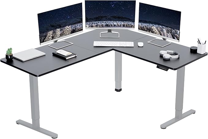 VIVO Corner Standing Desk, 63 x 55 inch Reversible L-Shaped Workstation, Electric Height Adjustment, Home, Office, and Reception Rooms, Black Table Top Gray Frame, DESK-E3CTGB