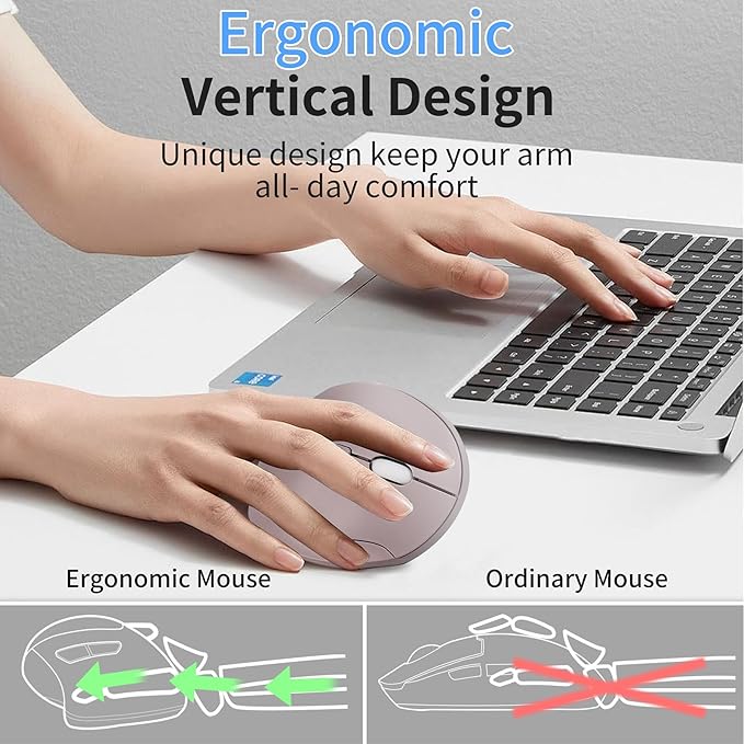 Wireless Silent Ergonomic Vertical Mouse - Dual Mode 2.4G/Bluetooth, Rechargeable Type C, Pain Relief for Office and Home Use, Compatible with Laptop & PC (Gray)