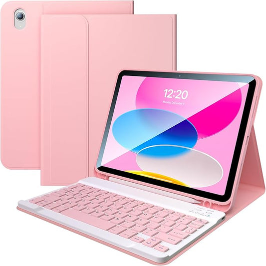 for iPad 10th/11th(A16) Generation Case with Keyboard 2022/2025, 10.9 Inch Magnetic Detachable Bluetooth Keyboard Folio Cover, Soft Silicone Lining & Built-in Apple Pencil Holder, Pink