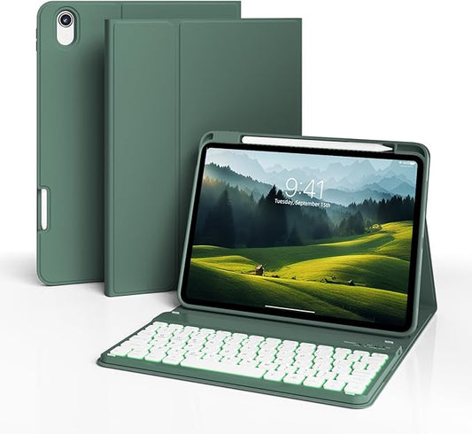 for iPad (A16) 11th Generation 2025 11-inch/10th Generation 2022 10.9 inch with Keyboard, 7 Colors Backlit Square Keycaps, Detachable Wireless Bluetooth Keyboard Case with Pencil Holder,DarkGreen