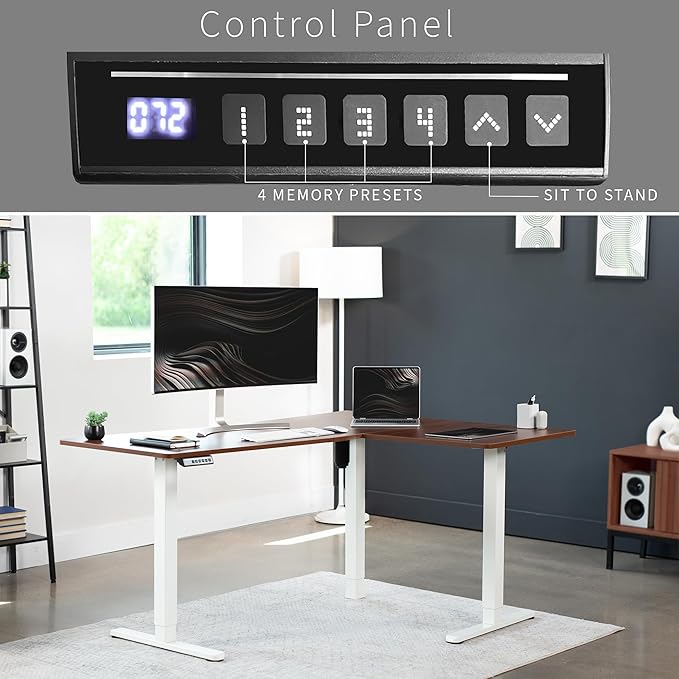VIVO Corner Standing Desk, 63 x 47 inch Reversible L-Shaped Workstation, Electric Height Adjustment, Home, Office, and Reception Rooms, Dark Walnut Table Top White Frame, DESK-E3CTWD-47