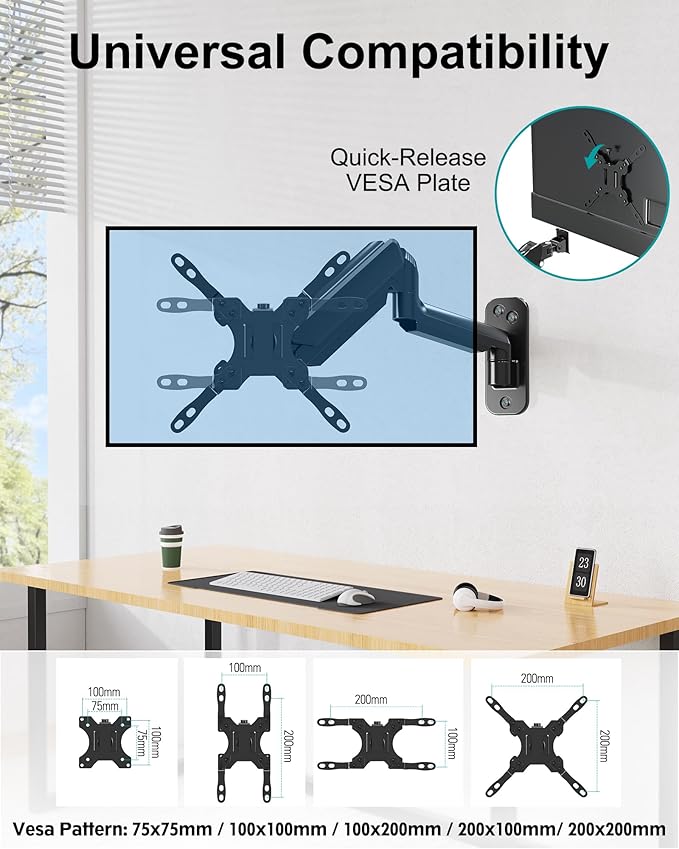 MOUNT PRO Monitor Wall Mount for Max 35 inch/26.4lbs Flat Curved Screens, Premium Heavy Duty Single Monitor Arm, Full Motion Ultrawide Wall Mount with VESA Extension Kit, VESA Mount 200x200mm