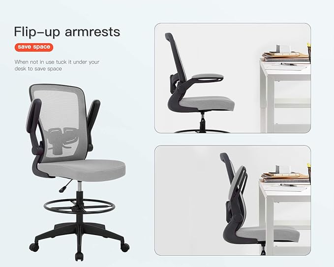 BestOffice Drafting Chair Tall Office Chair Standing Desk Chair with Lumbar Support Height Adjustable Armrest Footrest Mid Back Swivel Rolling Mesh Computer Chair Drafting Stool Grey
