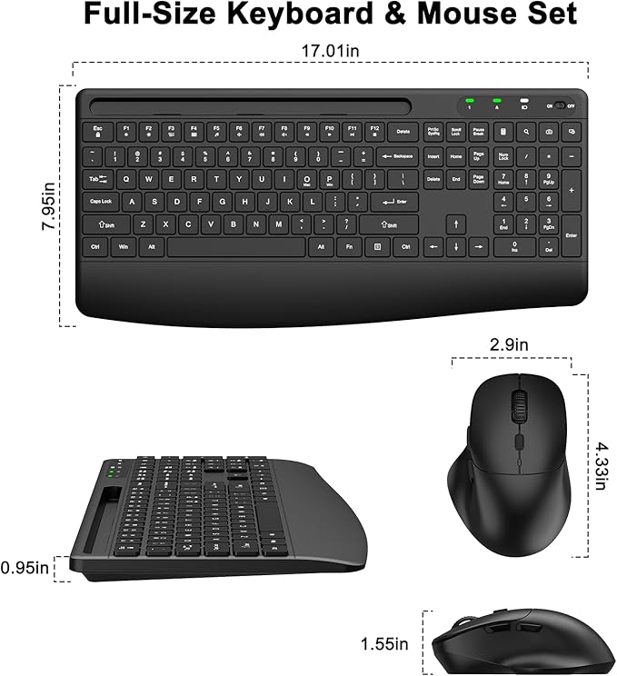 Wireless Keyboard and Mouse Combo, 2.4G Full Size Silent Ergonomic Keyboard with Wrist Rest, Phone Holder, 3 DPI Adjustable Ergonomic Quiet Mouse for Windows, Mac OS Desktop/Laptop/PC(Black)