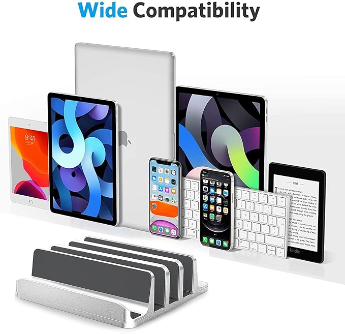 Vertical Laptop Stand [Updated Version],3-Slot Desktop Stand Holder with Adjustable Dock,4 in 1 Design Aluminum Space-Saving Laptop Stand for Desk MacBook/Surface/Samsung/HP/Dell/Chrome Book (Silver)