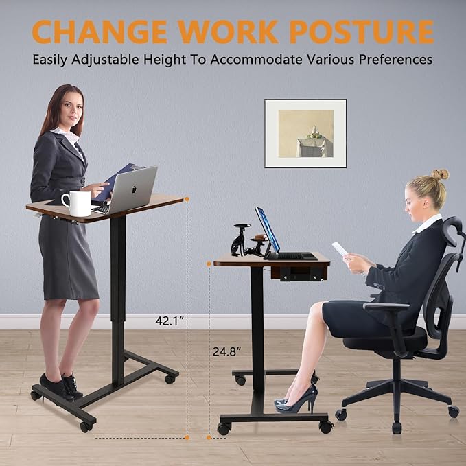 CLATINA Mobile Laptop Standing Desk, Height Adjustable Teacher Podium with Lockable Wheels, Adjustable Work Table with Drawer, Computer Cart Overbed Table for Home Office Classroom, Brown