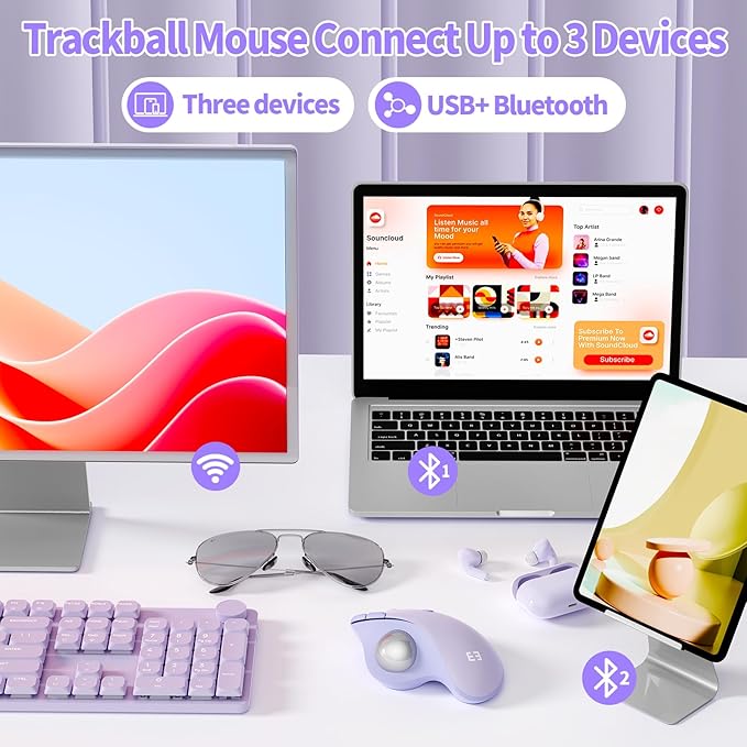 seenda Wireless Trackball Mouse, Bluetooth - Ergonomic Rollerball Mouse Rechargeable, 3 Device Connection Optical Mice Adjustable DPI Thumb Control Mice Compatible for Mac/Android/Windows-Light Purple