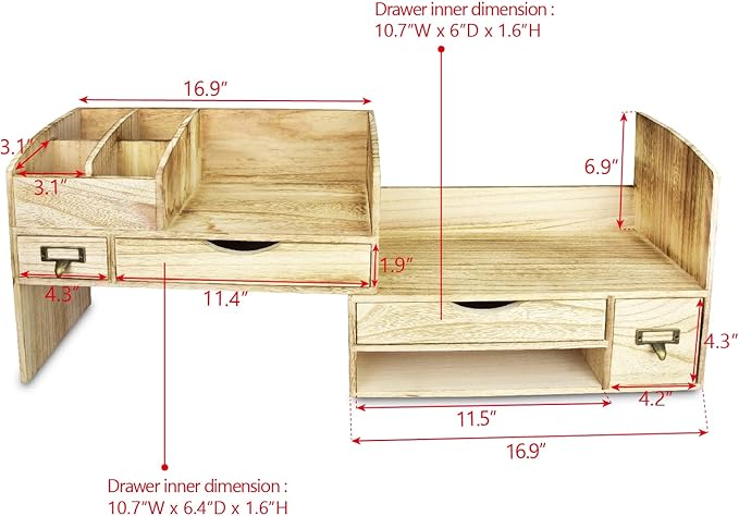 Ikee Design Large Extendable Wooden Desktop Organizer For Office Supplies, Storage Shelf Rack Book Shelf, Stationary Compartment Holder, Back to School, 17 1/4 W x 7 1/2 D x 12 H in