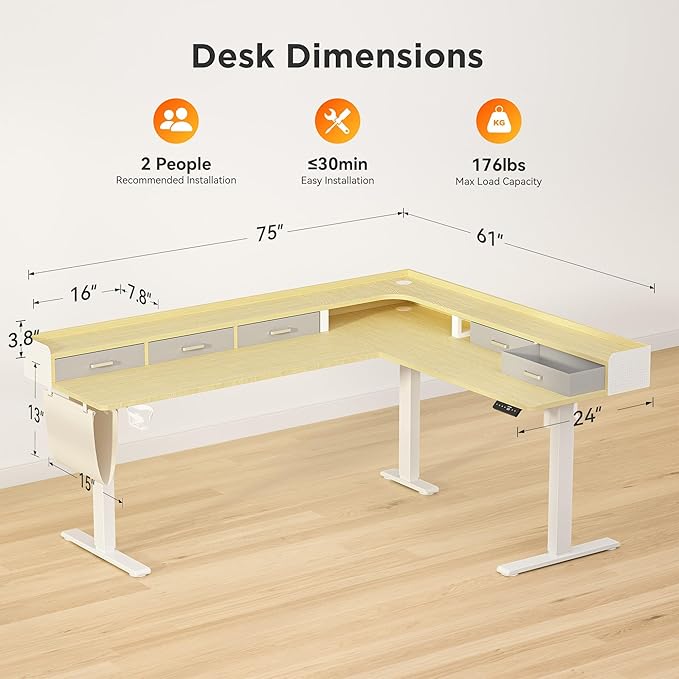 75 Inches Height Adjustable L Shaped Standing Desk with 5 Drawers and Monitor Shelf, Electric Sit to Stand Home Office Comupter Table, Ergonomic Corner Gaming Desk, Oak