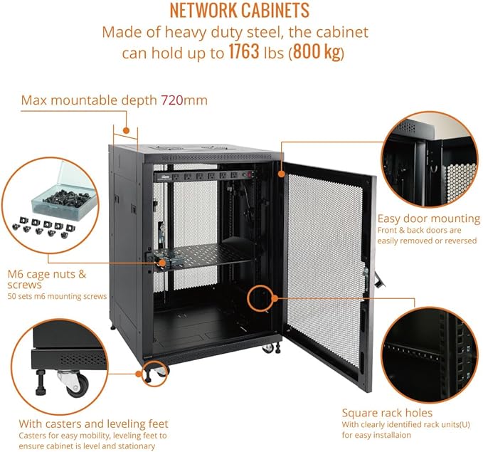 Tecmojo Fully Assembled 18U Network Cabinet AV Rack Enclosure with Casters/Locking Doors with Dual Fan, PDU and Cantilever Shelf (31.5inch DEEP Mesh Door)