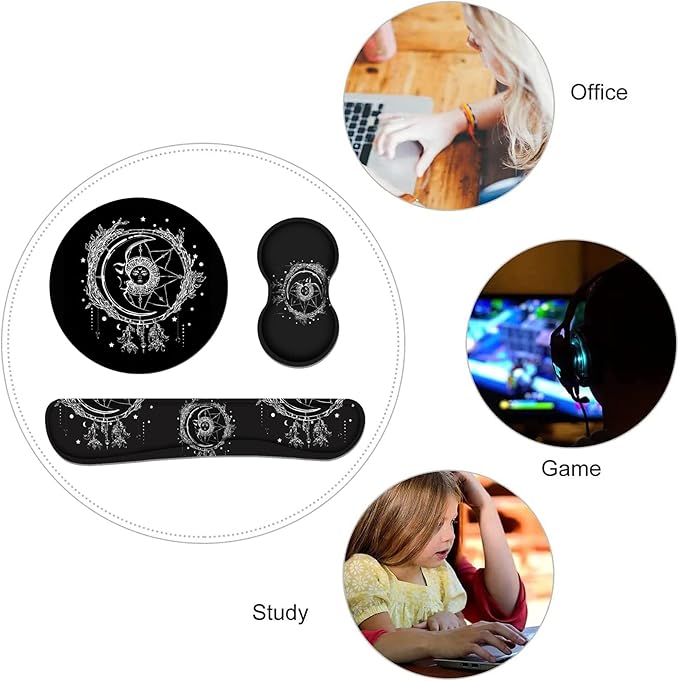 Keyboard Wrist Rest and Mouse Pad Wrist Rest Set with Coasters [4Pcs], Ergonomic Support, Non-Slip Rubber Base for Home OfficeEasy Typing & Pain Relief, Celestial Theme Sun with Crescent Moon