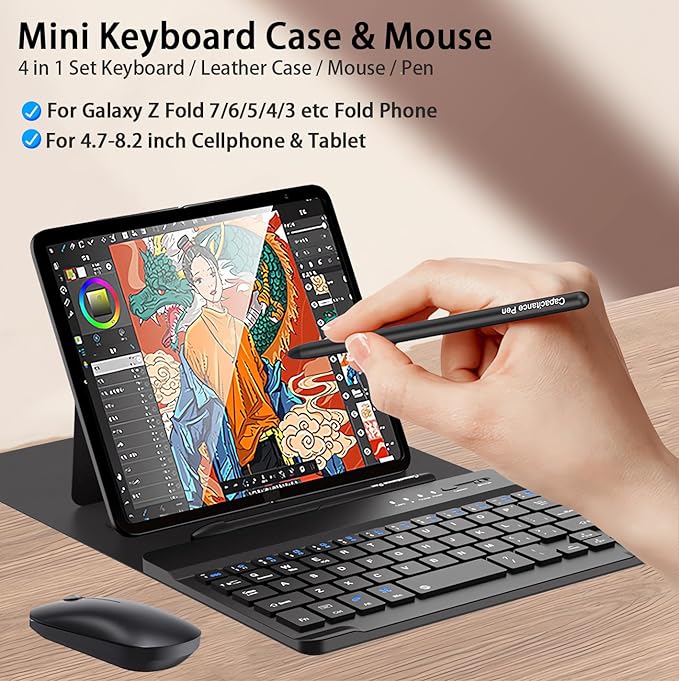for Samsung Galaxy Z Fold 7 6 5 Keyboard and Mouse, Portable Mini 7.9 inch Bluetooth Keyboard with Leather Stand Case and Pen, 4 in 1 Travel Set for Z Trifold Fold7 Accessories,Black