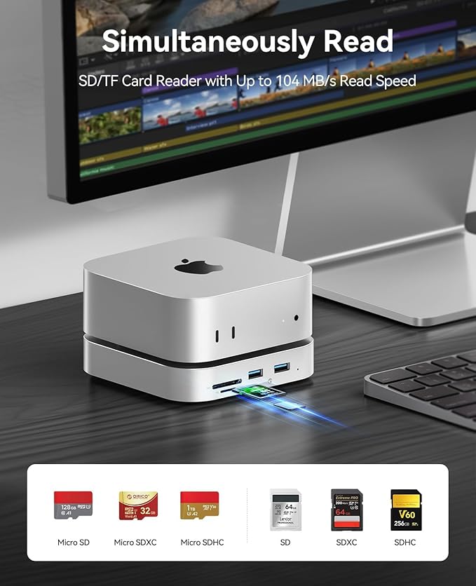 ORICO MiniLink Mac mini M4 Dock & Stand, Hub with 2 × USB 3.0 Ports (5Gbps), 2 × USB 2.0 Ports, SD/TF Card Readers (3.0), 3.5mm Headphone & Microphone Jacks, Compatible with Mac mini M4/M4 Pro (M48P)
