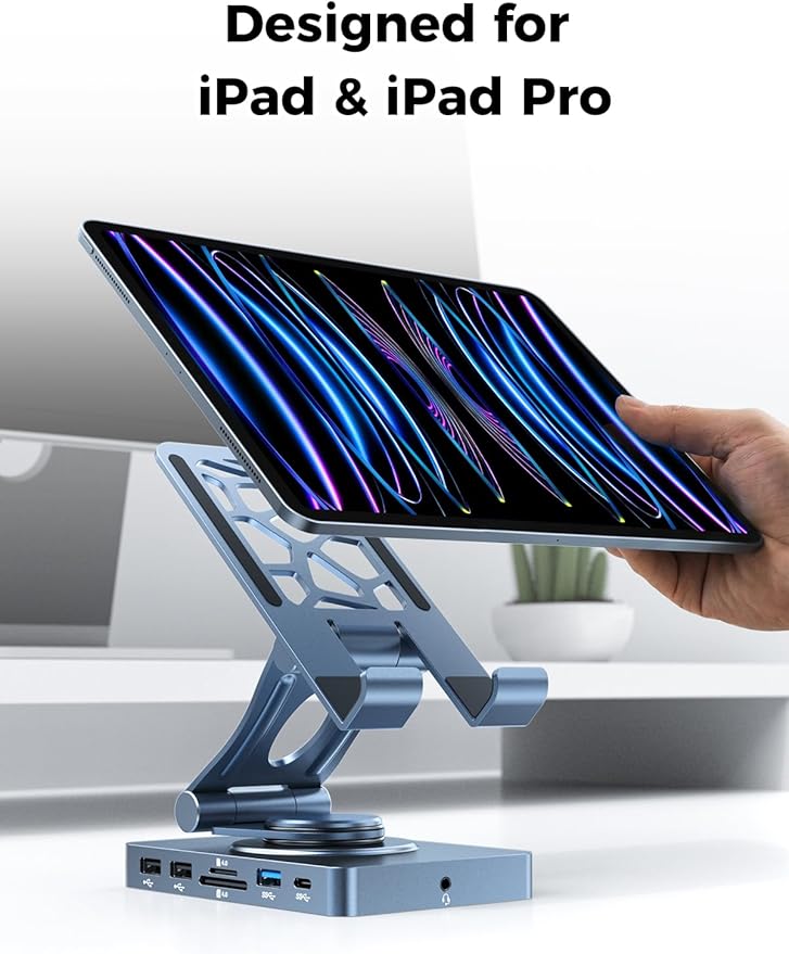 NEWQ iPad Docking Station Stand, 11-in-1 Adapter with 4K@120Hz HDMI, 10Gbps USB Ports, SD/TF 4.0 Reader, RJ45, Audio, for Tablets, Steam Deck, ROG Ally, Legion Go, Msi Claw(with 65W Adapter)