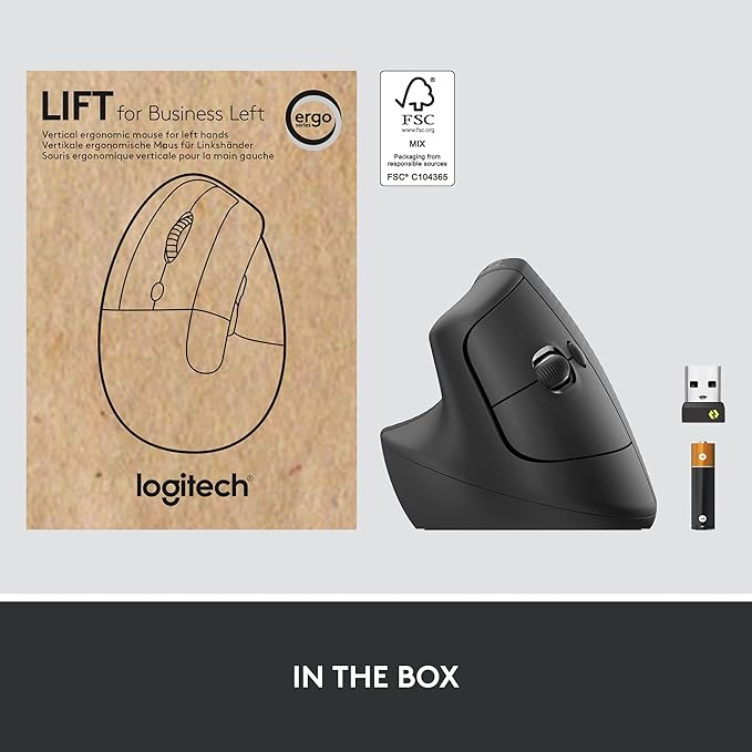 Logitech Lift for Business Left, Vertical Ergonomic Mouse - Left-Handed, Wireless, Bluetooth or Secured Logi Bolt USB, Quiet clicks, Globally Certified, Windows/Mac/Chrome/Linux - Graphite