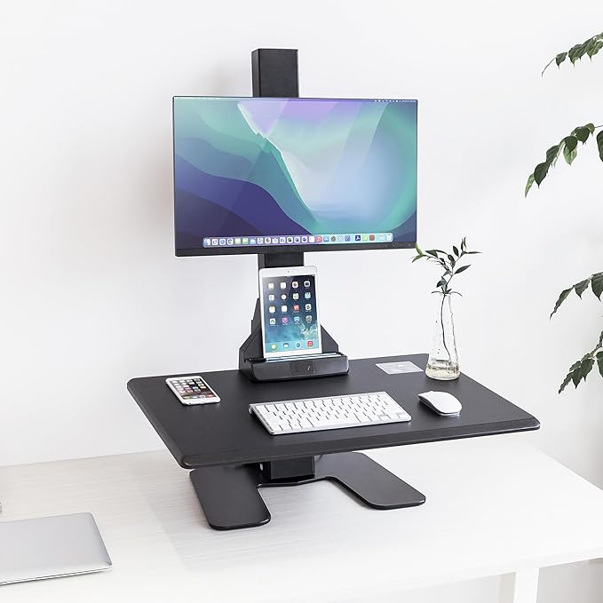 Mount-It! Electric Standing Desk Converter - Motorized Sit-Stand Desk Riser with Monitor Mount, Standup Powered Desktop Lift for Single Monitor up to 32", 28" Wide Keyboard Tray, Adjustable Height