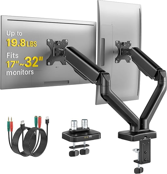monTEK Dual Monitor Mount with USB Fits 17-32 Inch Screens Holds 19.8lbs, Fully Adjustable Dual Monitor Arm, with Clamp/Grommet, Cable Management, Quick Release Plate, VESA 75/100mm
