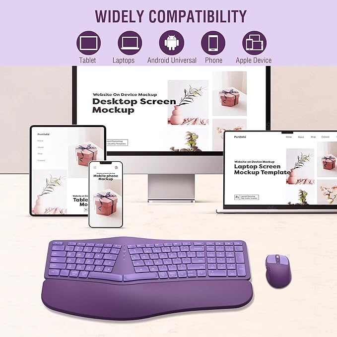 MK960 Ergonomic Wireless Keyboard Mouse Combo, Bluetooth/2.4G Split Design Keyboard with Palm Rest and 4 Level DPI Adjustable Wireless Mouse Multi-Device, Rechargeable, for Windows/Mac/Android(Purple)