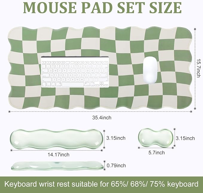 L-SPOUTTO Green Checkered Mouse Pad Set,Scalloped XXL Desk Mat + Ergonomic Mouse Wrist Rest + Gel Keyboard Wrist Rest for Keyboard 65%/75%,3in1 Large Desk Pad for Desktop Home Office Computer Game