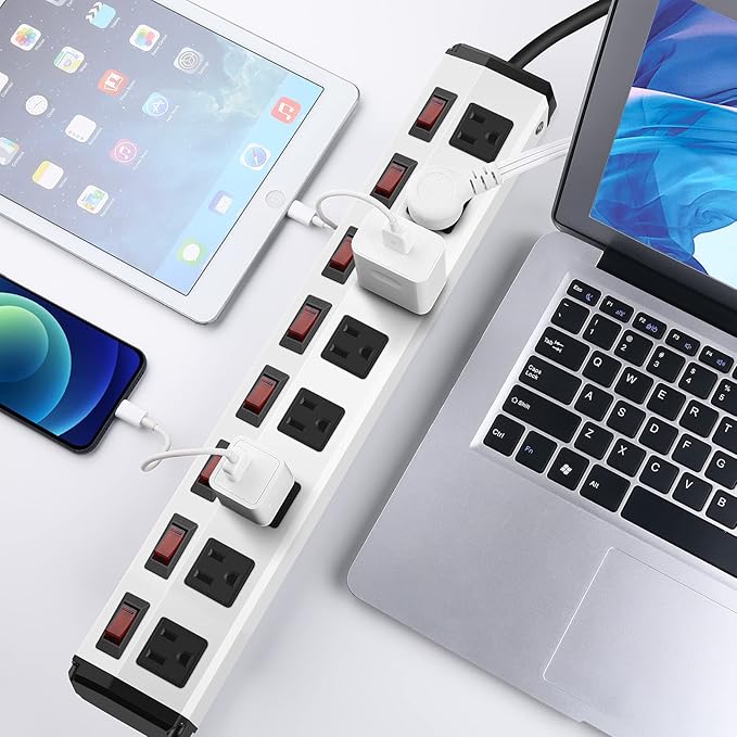 8 Outlet Metal Power Strip with Individual Switches,Heavy Duty Appliance Power Strip with Flat Plug,1200J Surge Protector,10FT Extension Cord,15A 120V 1800W,Home Office School Shop Industrial