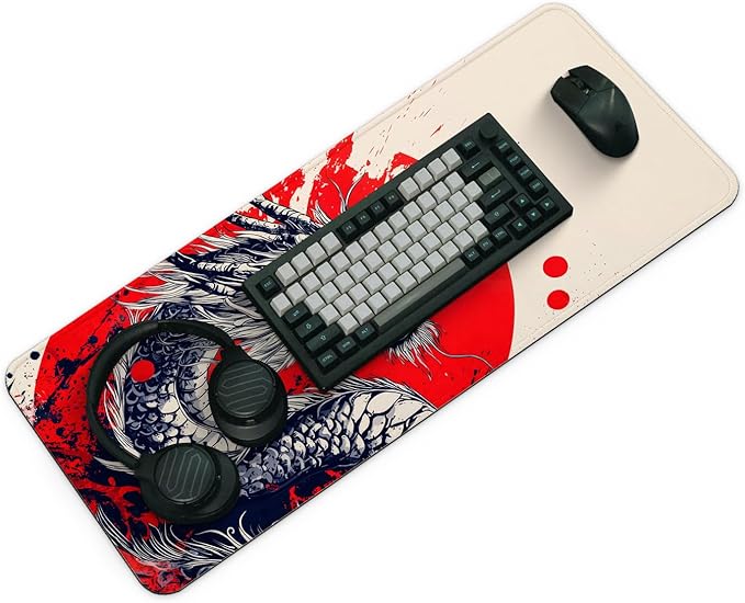 Japanese Dragon Gaming Mouse Pad with Non-Slip Rubber Base, Large Anime Mousepad with Stitched Edges, Long Keyboard Desk Mat for Home and Office, 31.5 x 11.8 inches