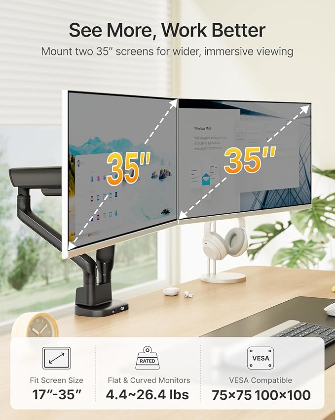 monTEK Dual Monitor Arm with USB, Mechanical Spring Monitor Arm for 17-35" Screens, Adjustable Monitor Desk Mount Each Holds up to 26.4 lbs with C Clamp/Grommet Desk Mount, VESA 75/100mm