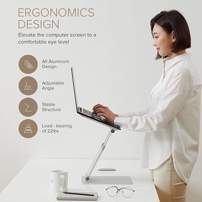 POUT E3 Lift — Ergonomic Laptop Stand for Desk, Adjustable Height 2" to 20" — Laptop Riser Portable Laptop Stand for Laptop — Standing Desk Converter for MacBook 10"-17" Laptops (Blue)