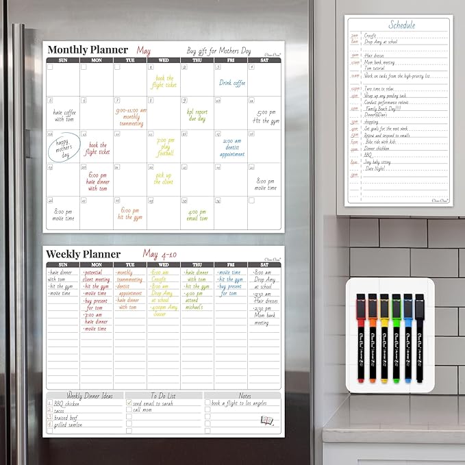 Non-Magnetic Dry Erase Calendar Set for Fridge - 14.5“x11.5 Reusable Monthly and Weekly Calendar - 6.5"x11.5" List Board Sticks to Most Smooth Surfaces - 6 Dry Erase Markers Included