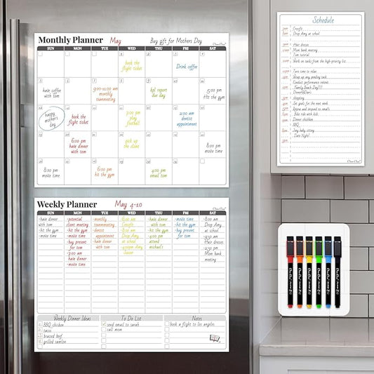Non-Magnetic Dry Erase Calendar Set for Fridge - 14.5“x11.5 Reusable Monthly and Weekly Calendar - 6.5"x11.5" List Board Sticks to Most Smooth Surfaces - 6 Dry Erase Markers Included