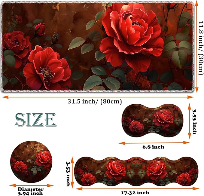 Large Gaming Mouse Pad + Keyboard Wrist Rest + Wrist Support + Coaster Set, Memory Foam Ergonomic for Easy Typing, XXL Extended Gaming Mouse Pad Table Pad - Red Rose
