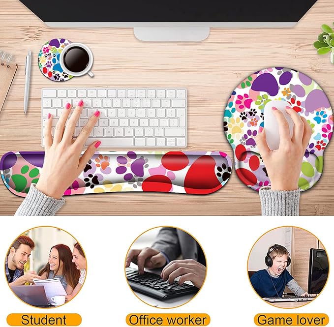Keyboard Wrist Rest and Mouse Pad with Wrist Support, Ergonomic Gel Mouse Pad Coaster, Comfortable Lightweight for Easy Typing Pain Relief, Memory Foam Keyboard Mousepad Set,Colorful Dog Paw