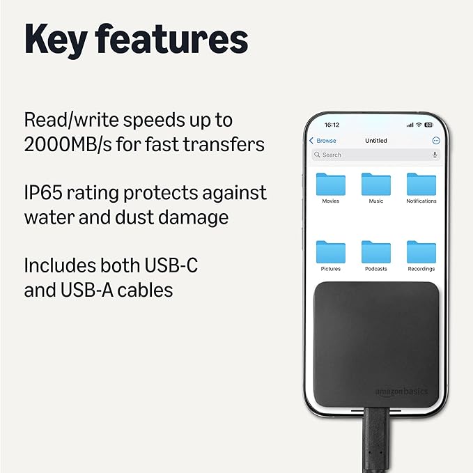 Amazon Basics Portable External SSD, 1TB, 2000MB/s Speeds, USB 3.2 Gen 2, IP65 Water & Dust Resistant, Black