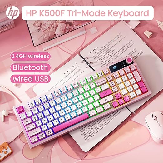 HP K500F Wireless RGB Keyboard, Tri-Mode (2.4G/BT/Wired), 99 Keys Membrane Keyboard with Volume Knob, 3000mAh Battery, Adjustable RGB Breathing Light, Round Keycaps, Windows Compatible, Pink