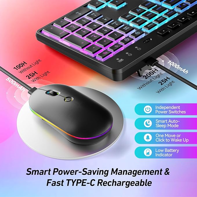 Wireless Keyboard and Mouse Combo with Backlit,2.4Ghz Rechargeable Light Up Keyboard Mouse with Phone Tablet Holder,11 Shortcut Keys,Silent 22 RGB Backlit Mouse,Quiet Click for Computer,PC,Mac,Windows