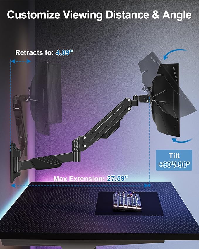 Monitor Wall Mount for Max 43", Premium Single Wall Monitor Mount Holds up to 33.1lbs Ultrawide Computer Screen, Height Adjustable Full Motion Gas Spring Vesa Wall Mount, Max 200x200mm