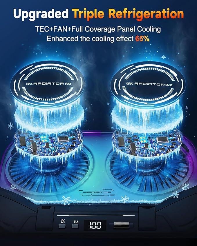 Upgraded Laptop Cooling Pad with Dual TEC Cooler, Gaming Laptop Cooler, 2 Powerful Turbo Fans, Fast Cooling Laptop 12-21in, 5 Height Stands, 100 Gear Speed Adjust, LCD Screen, RGB, Phone Holder