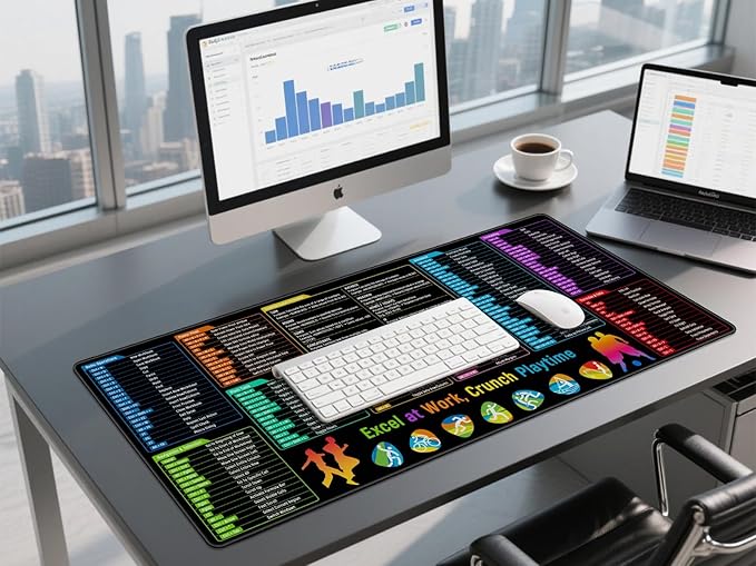 JIALONG Excel Mouse Pad Shortcuts - Excel Formulas Cheat Sheet Desk Pad, Anti-Slip Large Desk Mat with Durable Stitched Edges, Big Excel Keyboard Mat for Office, Gaming, and Home