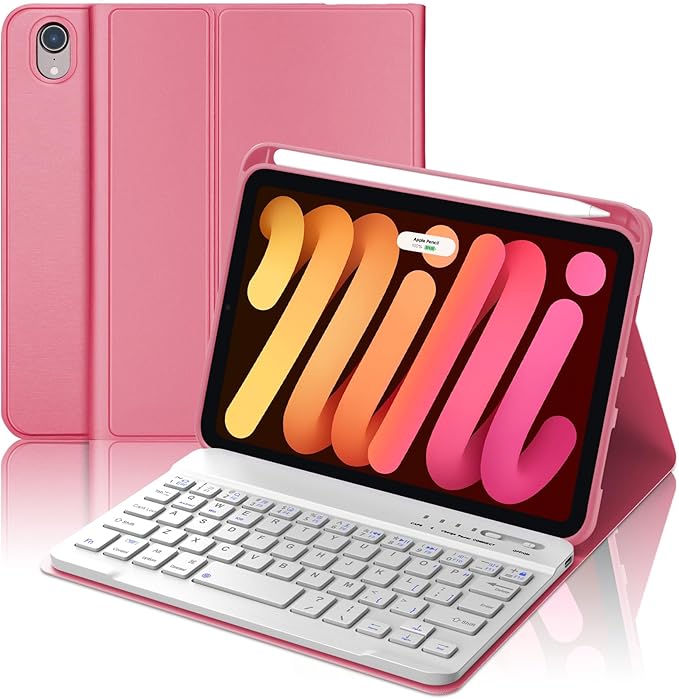 BORIYUAN iPad mini 7th Gen 2024 (A17 Pro) & iPad mini 6 Keyboard Case 2021, Detachable Wireless Bluetooth Keyboard Slim Folio Smart Cover with Pencil Holder for iPad mini 7th/6th Gen 8.3 inch - Red