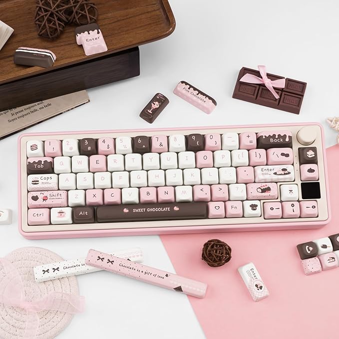 PBT Keycaps 145 Keys, Dye Sublimation PBT Custom Keycap Set, Pink Chocolate Keycaps, Cute Key Cap FOA Profile Keyboard Keycap Set for Cherry Gateron MX Switches Mechanical Keyboard