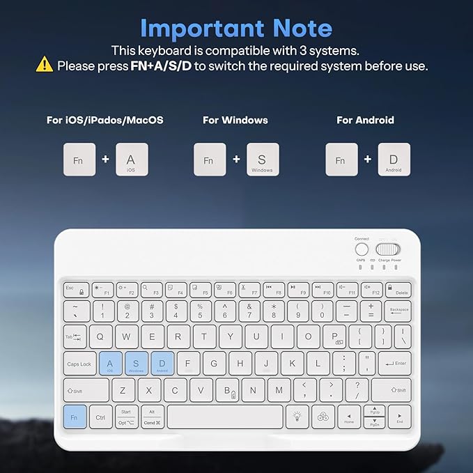 OMOTON Bluetooth Keyboard for Tablet/Android/Windows/iOS, with 7 Colors Backlight Rechargeable Wireless Mini Keyboard for Galaxy Tab A9+ / S9 FE / S10 / S11 / A11 Series etc, White