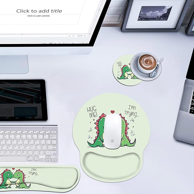 Keyboard and Mouse Wrist Rest Pad Set with Coasters, Ergonomic Support, Non-Slip PU Base, Easy Typing and Relieve Wrist Pain, Perfect for Home Office Working Studying, Cute Little Dinosaur