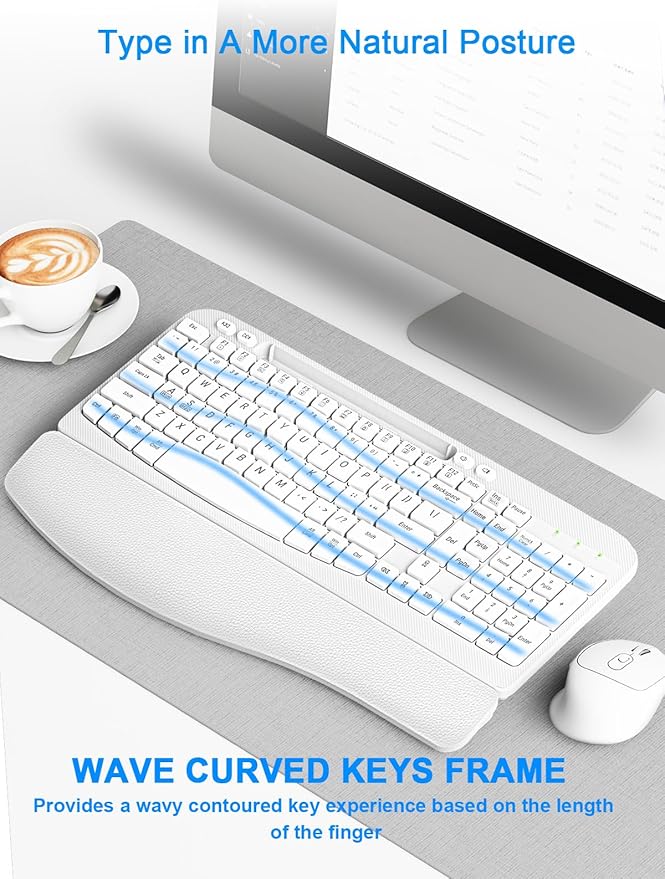 Wireless Keyboard and Mouse Combo, Wave Keys Computer Ergonomic Keyboard with Cushioned Plam Rest, Phone Holder, 2.4GHz Silent 6 Button Wireless Mouse Set for Laptop, PC, Windows, Mac (White)