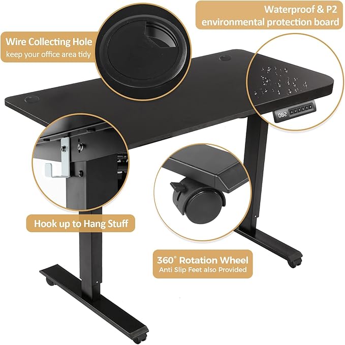 48'' X 24'' Standing Desk Adjustable Height, Ergonomic Home Office Computer Workstations with Wheels, Double Hooks, 4 Memory Preset, 27''-45'' Lifting Range Stand Up Desk(Black)