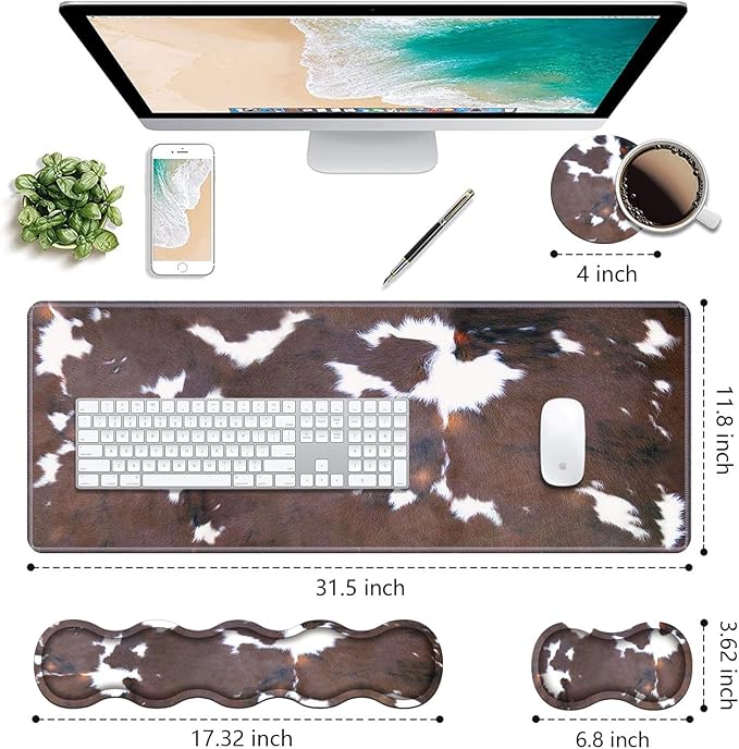Ergonomic Keyboard Wrist Rest & Mouse Pad Wrist Rest Set, Large XXL Gaming Desk Mat 31.5"x 11.8" with Non-Slip Base, Memory Foam, Easy Typing Pain Relief for Home & Office, Brown Cow Print
