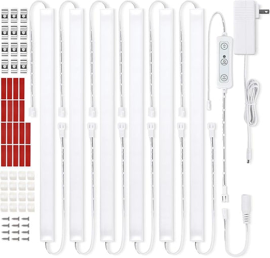 Litever Under Cabinet Lights Plug in, 6 pcs 12 Inches LED Light Strips. Super Bright Dimmable Extendable for Kitchen Counter Top Shelf Workbench Closet Display Bookshelf Lighting. Cool White 4000K